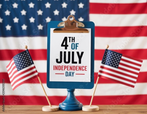 Independence Day clipboard with American flags against blurred US flag background