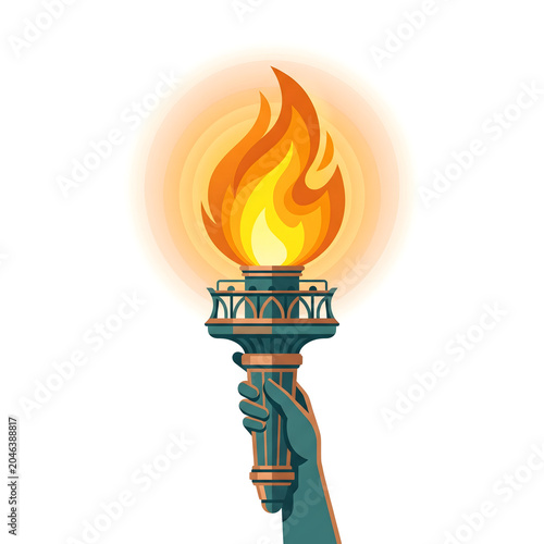 Vibrant illustration of a hand firmly grasping a majestic torch, its powerful flame radiating a warm, golden glow, symbolizing enlightenment, hope, and inspiration