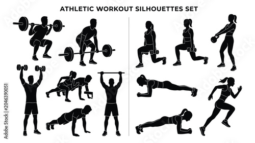 Tableau sur toile Athletic workout silhouettes depict various fitness exercises including weightlifting and bodyweight movements