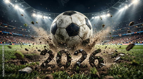 Soccer ball hitting the ground creating a crater with the year 2026 shaped in the dirt on a professional stadium field, sports event concept for the 2026 world cup