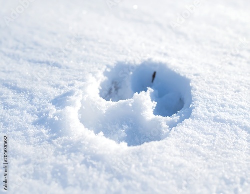 Close-up of pristine white snow surface with a single, circular animal footprint imprinted in the center. Sunlight bathes the scene
