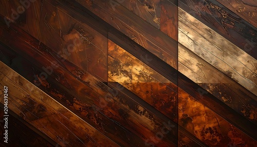 Close-up of richly hued, diagonally aligned wooden planks, varying in tone from deep brown to golden and accented by light streaks