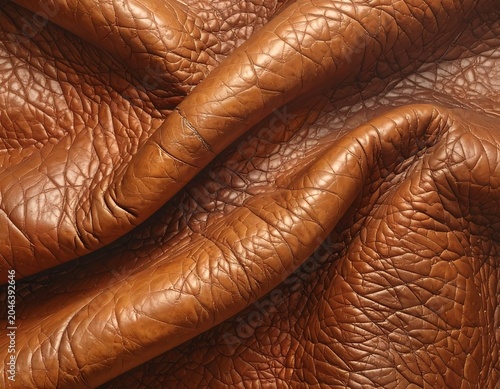 Close-up of richly textured, brown, crumpled material with intricate patterns. The light creates shadows and highlights, emphasizing the surface details