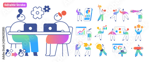 Modern business people character set with SaaS, AI, analytics, teamwork, productivity, customer support and communication concepts in colorful flat outline vector style with editable line strokes
