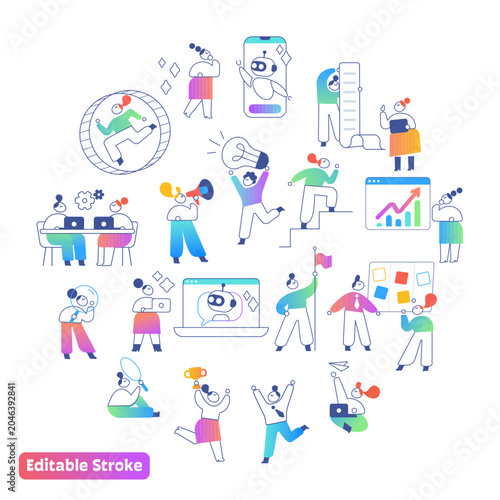 Modern business people character set with SaaS, AI, analytics, teamwork, productivity, customer support and communication concepts in colorful flat outline vector style with editable line strokes
