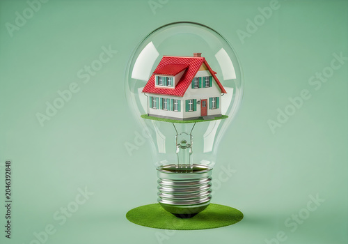 Small house model inside a large clear light bulb on green background