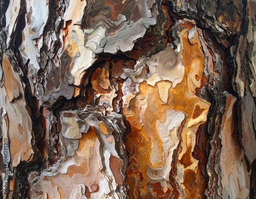 Close-up of richly textured tree bark, showcasing intricate patterns of varying colors, from light to dark tones, with deep crevices
