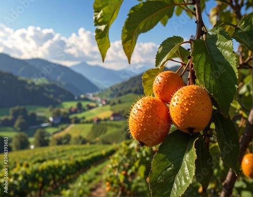 Close-up of ripe, dew-covered fruits on a branch, set against a rolling hills and vineyard landscape under a partly cloudy sky