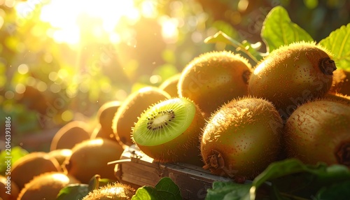 Close-up of ripe, fuzzy kiwi fruit, some whole, some sliced, basking in bright sunlight in an orchard, with lush greenery