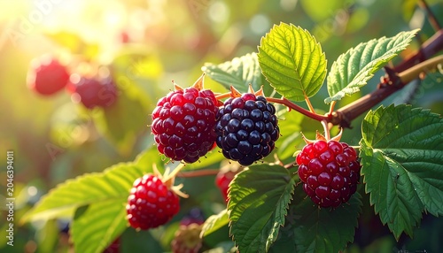 Close-up of ripe, red and dark-colored berries, illuminated by sunlight amidst green foliage. The berries are on a branch