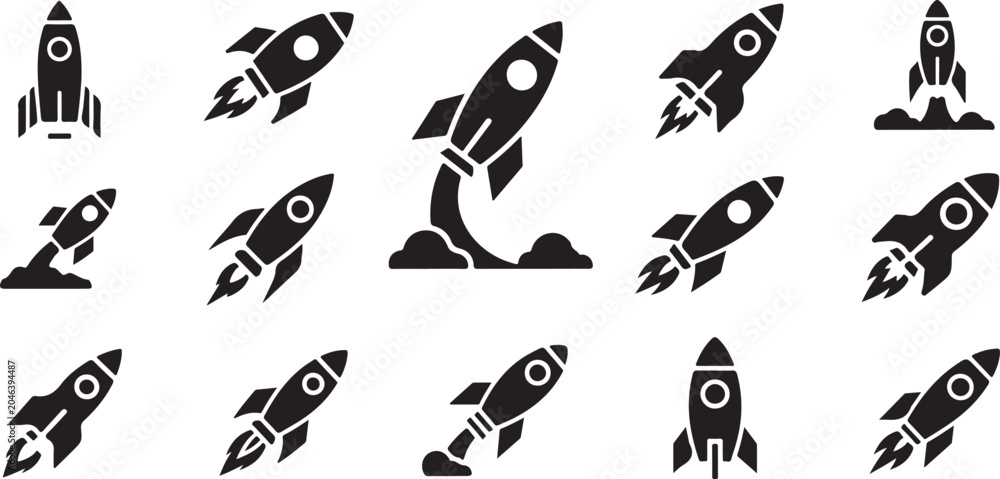 Obraz premium Black rocket ship icons, space shuttle symbols, launch vehicle graphics
