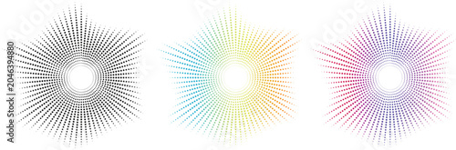 Radial halftone dot starburst patterns in colorful and black styles for creative design.