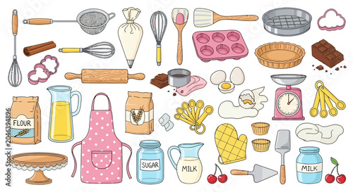 Bild auf Leinwand Baking ingredients and tools, colorful flat illustration, cooking concept, backg