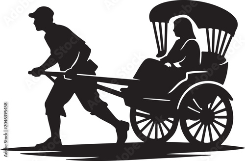 Schilderij op canvas Traditional Hand Pulled Rickshaw Transportation Silhouette