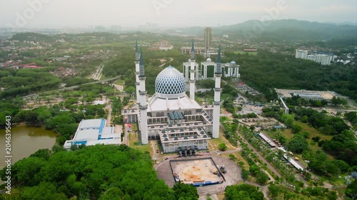 Aerial view of Sultan Salahuddin Abdul Aziz Shah Mosque, also known as the Blue Mosque, in Shah Alam, Selangor, Malaysia.