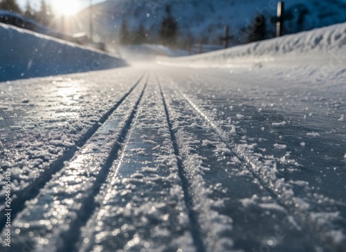 Cross country ski tracks on a groomed snow trail in a mountain landscape at sunset