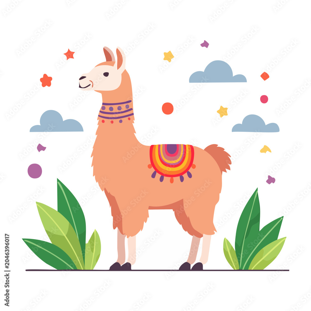 Fototapeta premium Cute Llama with Colorful Blanket and Stars