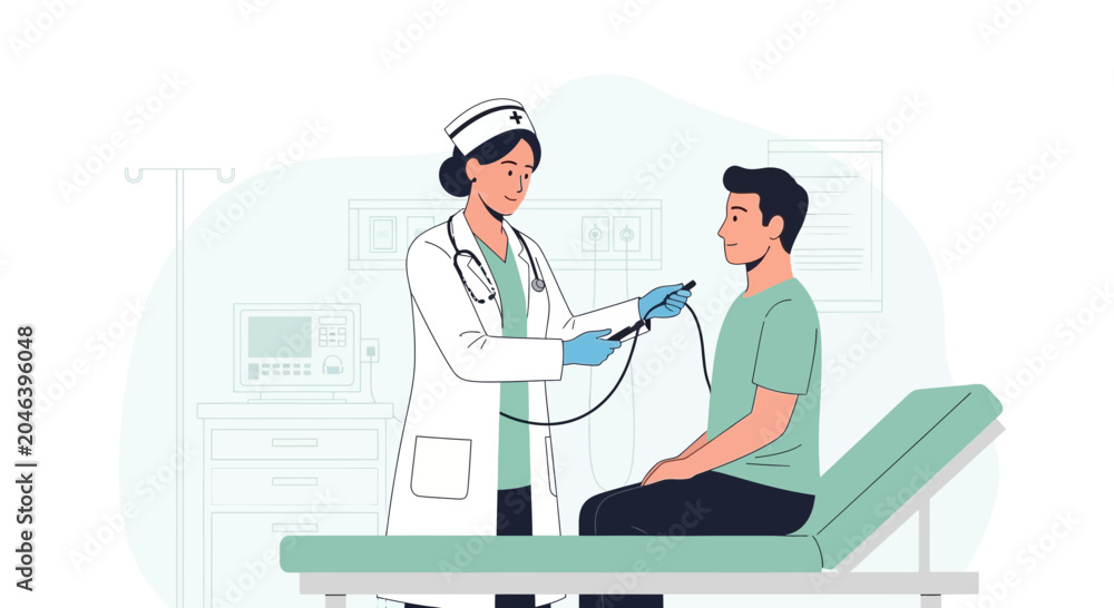 Fototapeta premium Doctor examining patient with stethoscope in clinic, healthcare illustration