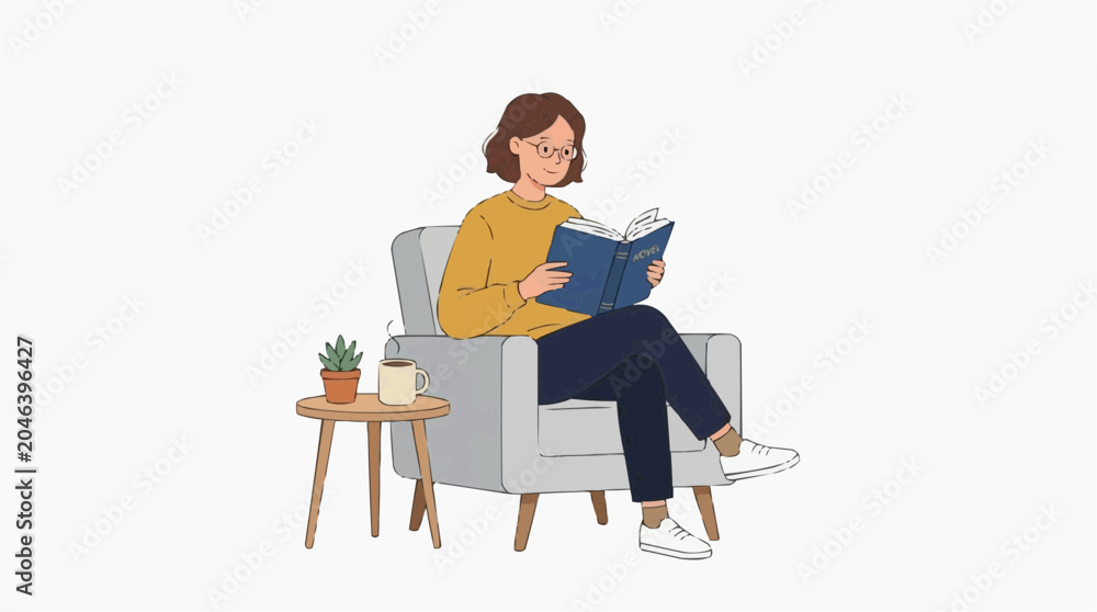 Fototapeta premium A woman with glasses wearing a yellow sweater and dark pants is sitting on a comfortable armchair, reading a book. A small side table with a plant and a cup sits next to her