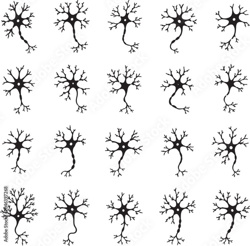 Tableau sur toile A set of black silhouette depicting various neuron cells with dendrites and axon