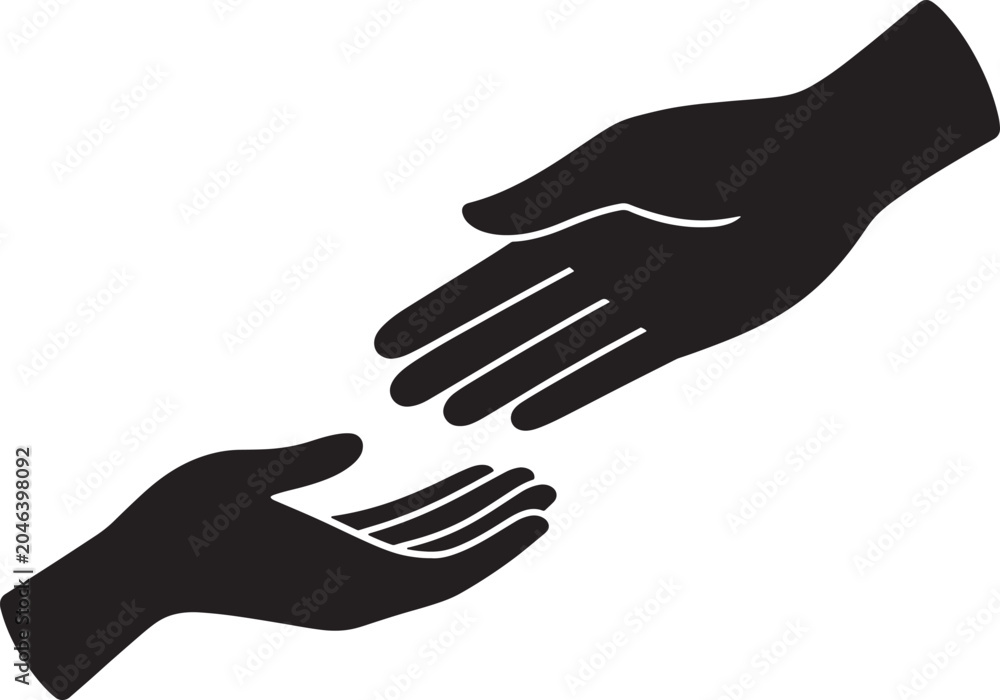Obraz premium Simple black silhouette of two hands reaching out to each other representing help, support, connection, and unity on also transparent background