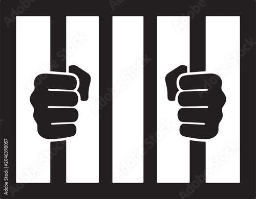 Canvastavla Silhouette of two human hands gripping vertical prison bars, representing incarc