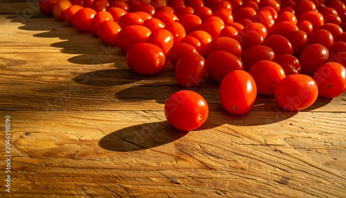 Ripe red tomatoes on wooden surface closeup.