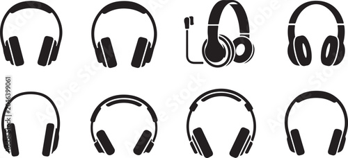 Schilderij op canvas Headphones, black icons, audio equipment, sound accessories, vector set