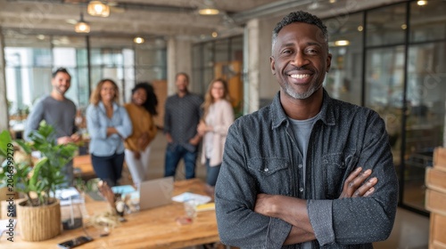 Group of professionals collaborating under a decisive, folded-arm leader