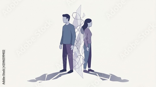 Couple Standing Back to Back Divided by a Shattered Mirror, Relationship Conflict