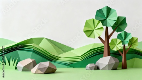 Paper art landscape with trees and rocks