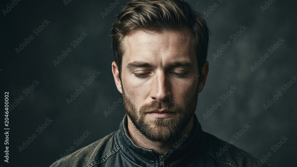 Fototapeta premium karate defeat, sad man with closed eyes against dark background