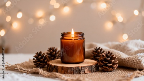 Candle on wooden slice with pinecones
