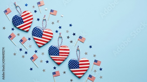 American flag heart ornaments scattered with mini flags and stars on a bright blue background