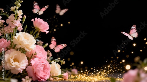 Flowers and butterflies on black background