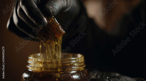 Gloved hand lifting a dripping SCOBY culture from a fermentation jar of kombucha against a dark moody backdrop showing the gelatinous texture