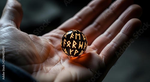 Hand holding glowing black rune ball with orange symbols on palm