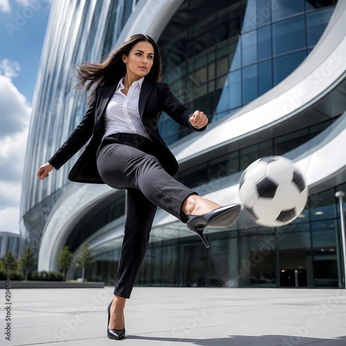 Confident Businesswoman Kicking Soccer Ball Outside Modern Corporate Headquarters
