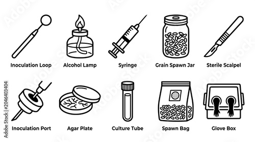 Cuadro en lienzo Mushroom inoculation and culture propagation tools icons with inoculation mushro