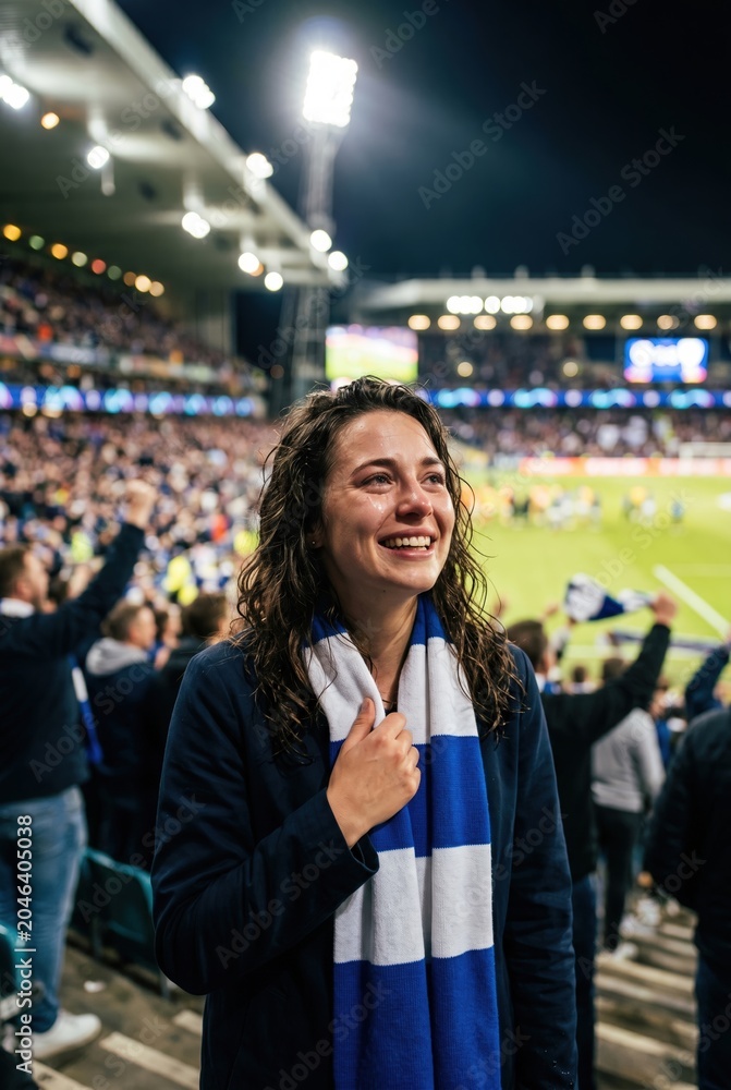 Fototapeta premium Female sports fan smiling with emotion at stadium during night match