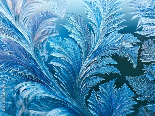 Patterns of frost create intricate designs on a window in winter during early morning light