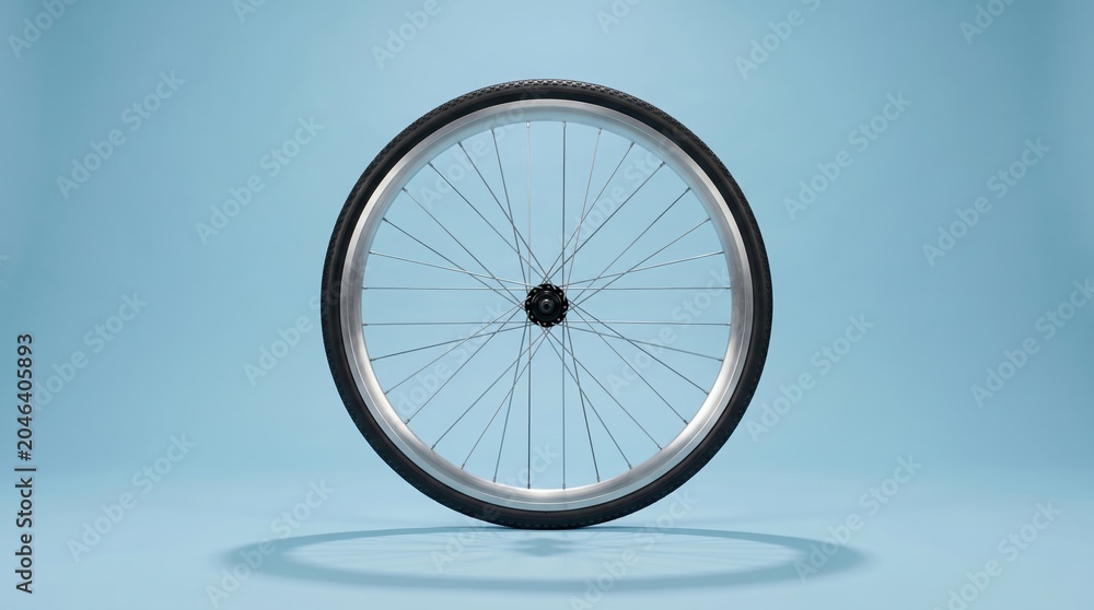 Fototapeta premium Bicycle wheel standing upright on blue studio background