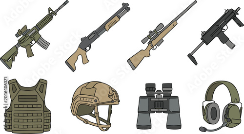 Fotografía Tactical Gear And Weaponry Element Set Featuring Assault Rifle Shotgun Sniper Ri