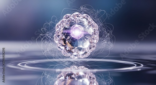 Glowing crystal ball with swirling lines on water surface futuristic technology concept