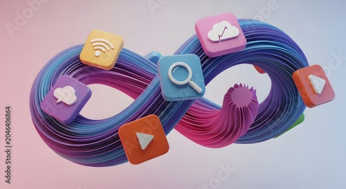 Colorful 3d infinity loop with social media and web icons on gradient background