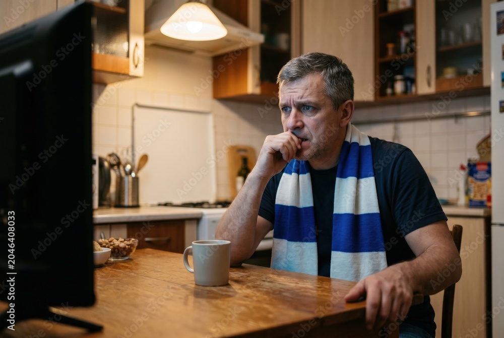 Fototapeta premium Football fan watching match anxiously at kitchen table