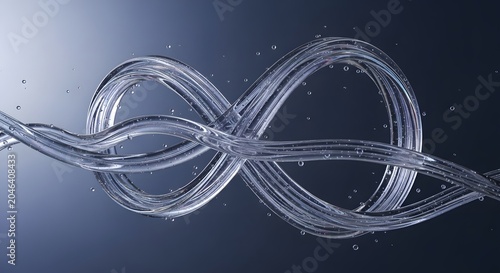 Abstract flowing liquid tubes forming infinity symbol with tiny bubbles symbolizing endless flow continuous process