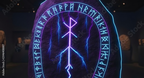 Glowing purple and blue runic symbol on ancient stone with lightning bolts in dark room