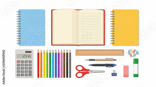 Collection of school and office supplies including notebooks, pencils, calculator, ruler, scissors, pens, and paper clips