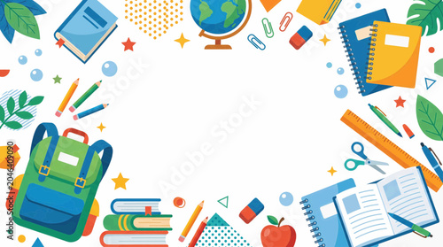 Colorful school supplies and backpack arranged in a frame with a globe and books for education and learning concept